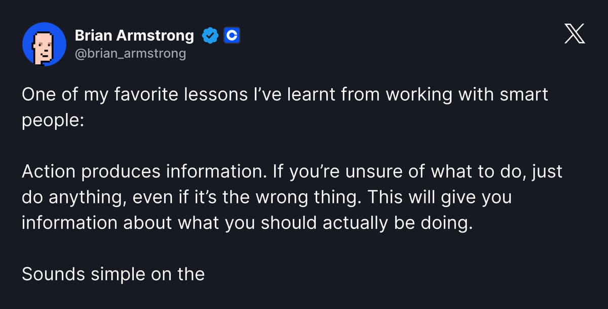 Brian Armstrong tweet about action producing information