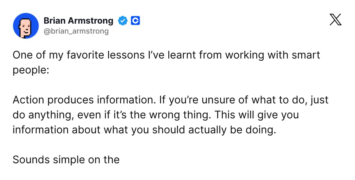 Brian Armstrong tweet about action producing information